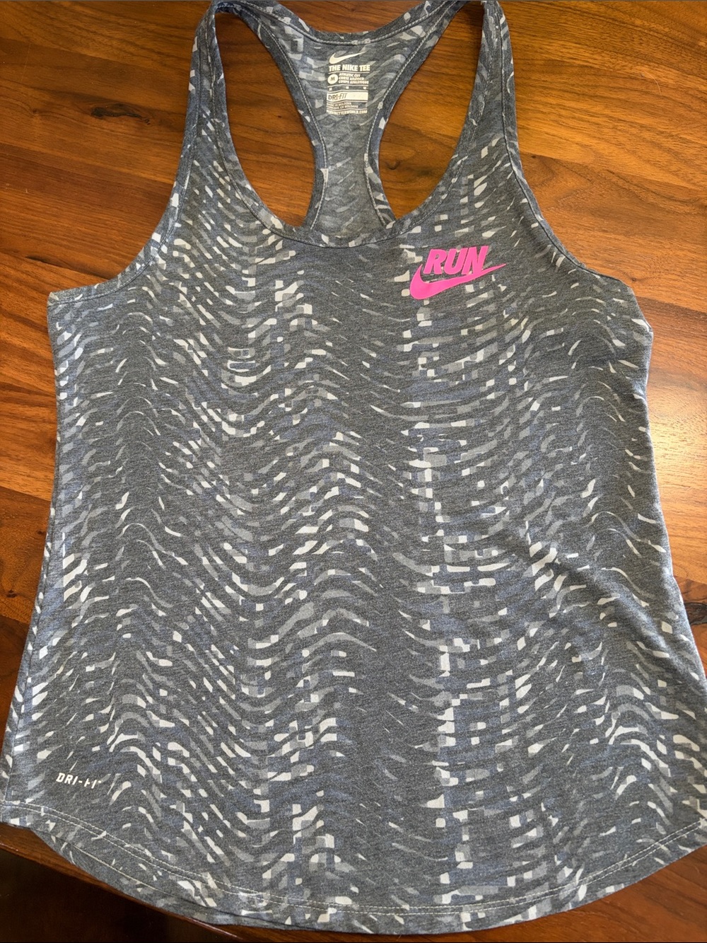 Nike Gray Patterned Dri-FIT Racerback Tank with Pink RUN Logo